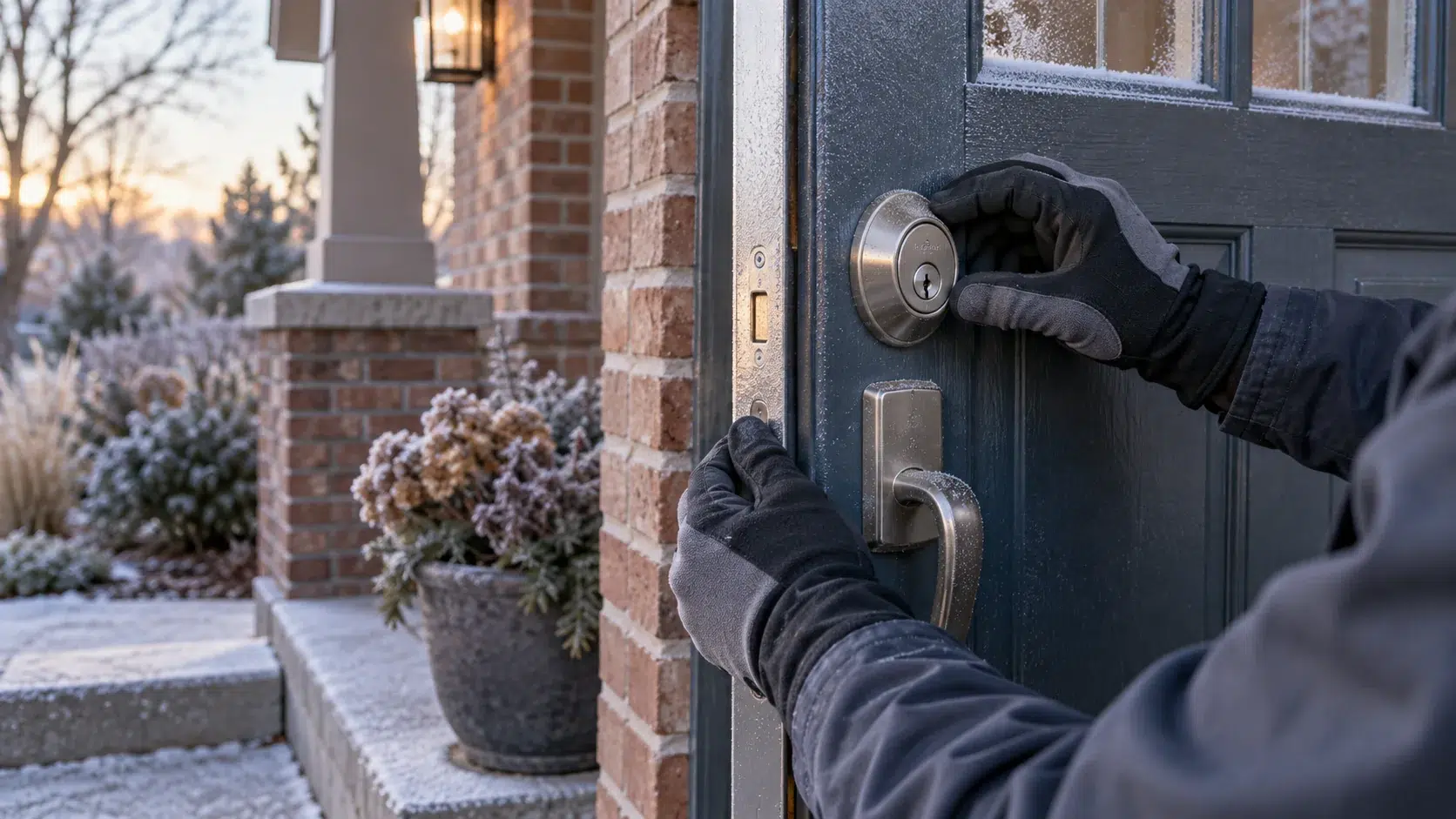 Technician inspecting a frosted exterior deadbolt on a Denver home