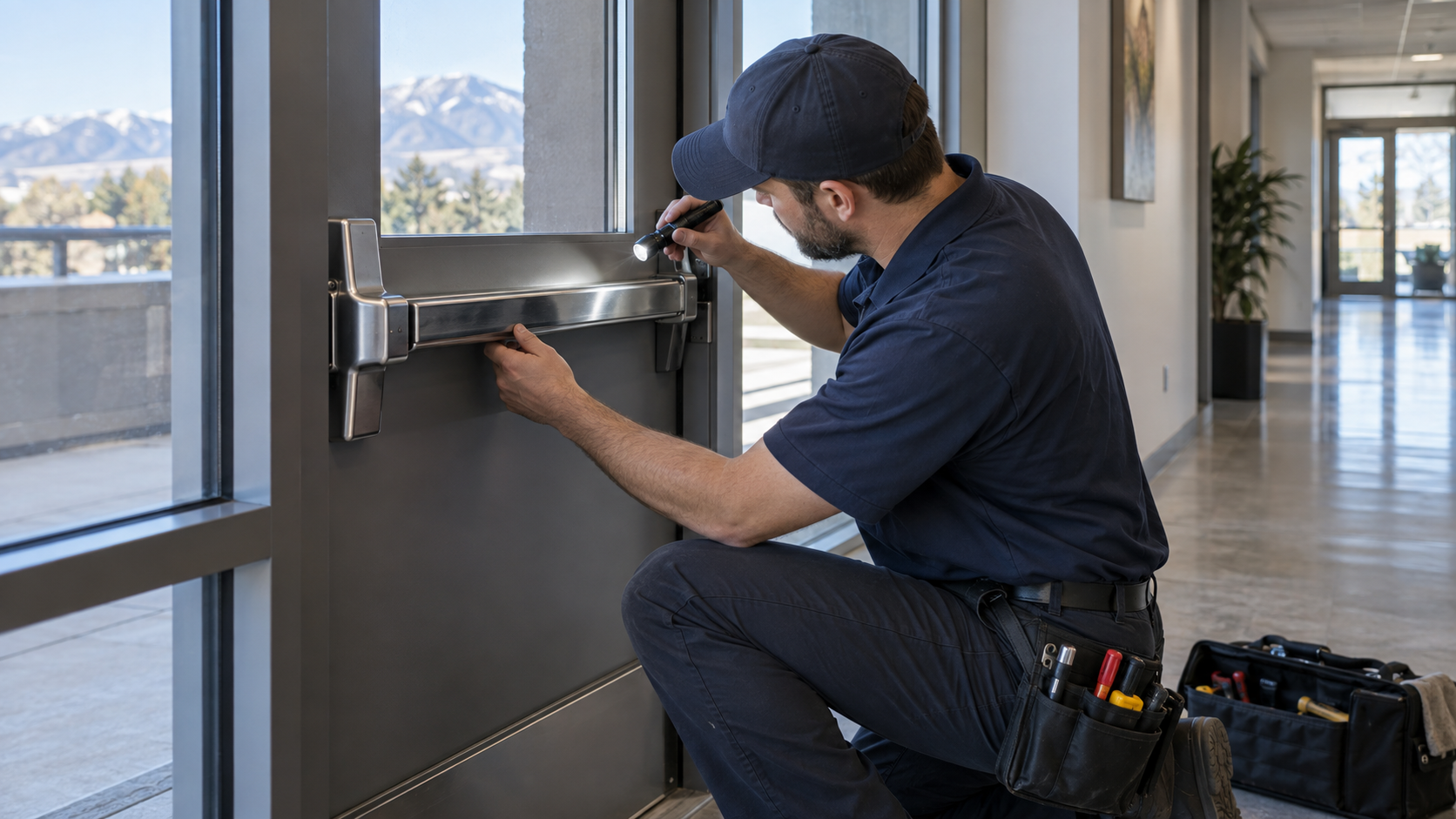 Commercial locksmith inspecting a panic bar on a Denver-area exit door